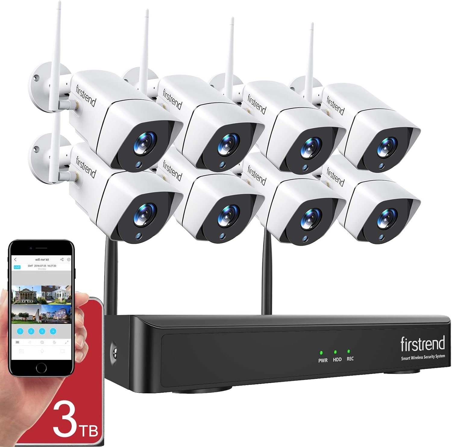 Security Camera System Wireless,Firstrend 1080P 8CH Wireless Home Security Systems with 4pcs 2MP Full HD Cameras 1TB HDD Night Vision Motion Detection Free App for Indoor Outdoor Video Surveillance
