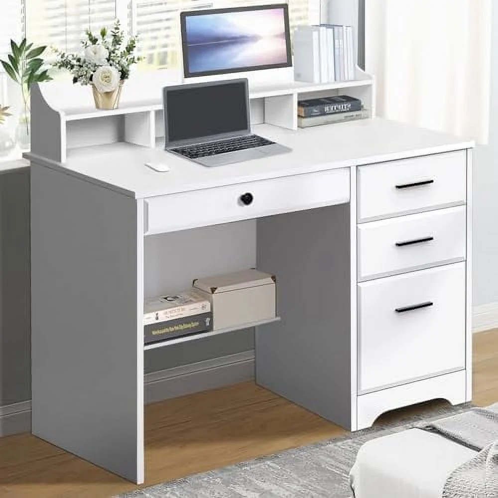 White Desk with Drawers  44" Wood Executive Computer Desk for  Office Student Writing Table with 4  Drawers and Hutch  Small Desk with File Drawer for Bedroom  Small Space  White