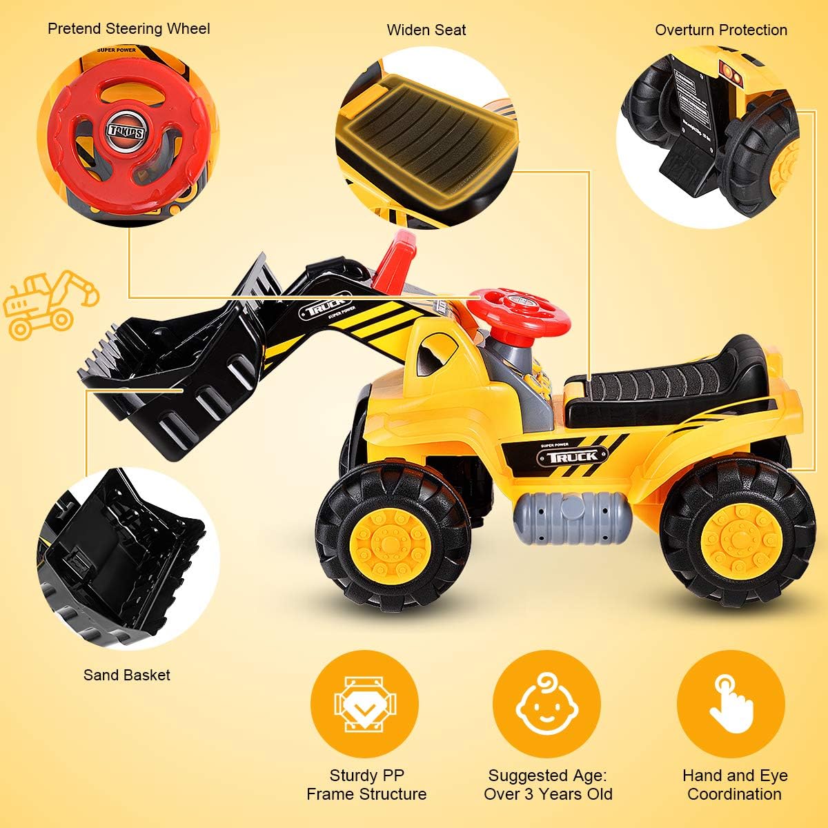 Costzon Kids Ride On Construction Bulldozer, Outdoor Digger Scooper Pulling Cart W/Front Loader Digger Horn Underneath Storage, Children Pretend Play Truck Toy (Yellow)