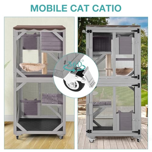 Catio Outdoor Cat Enclosure,Cat House with Wheels,Upgraded cat Scratching Post，Resting Box,Waterproof Roof for Patio Garden (Grey, 31.5" L x 31.5" W x 70.9" H)