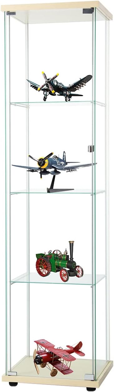 SSLine Modern Glass Display Cabinet Floor Standing Curio Showcase Cabinet with Door 4-Tier Clear Tempered Glass Display Shelf Organizer for Home Office Living Room Bedroom -Clear&Black Wood