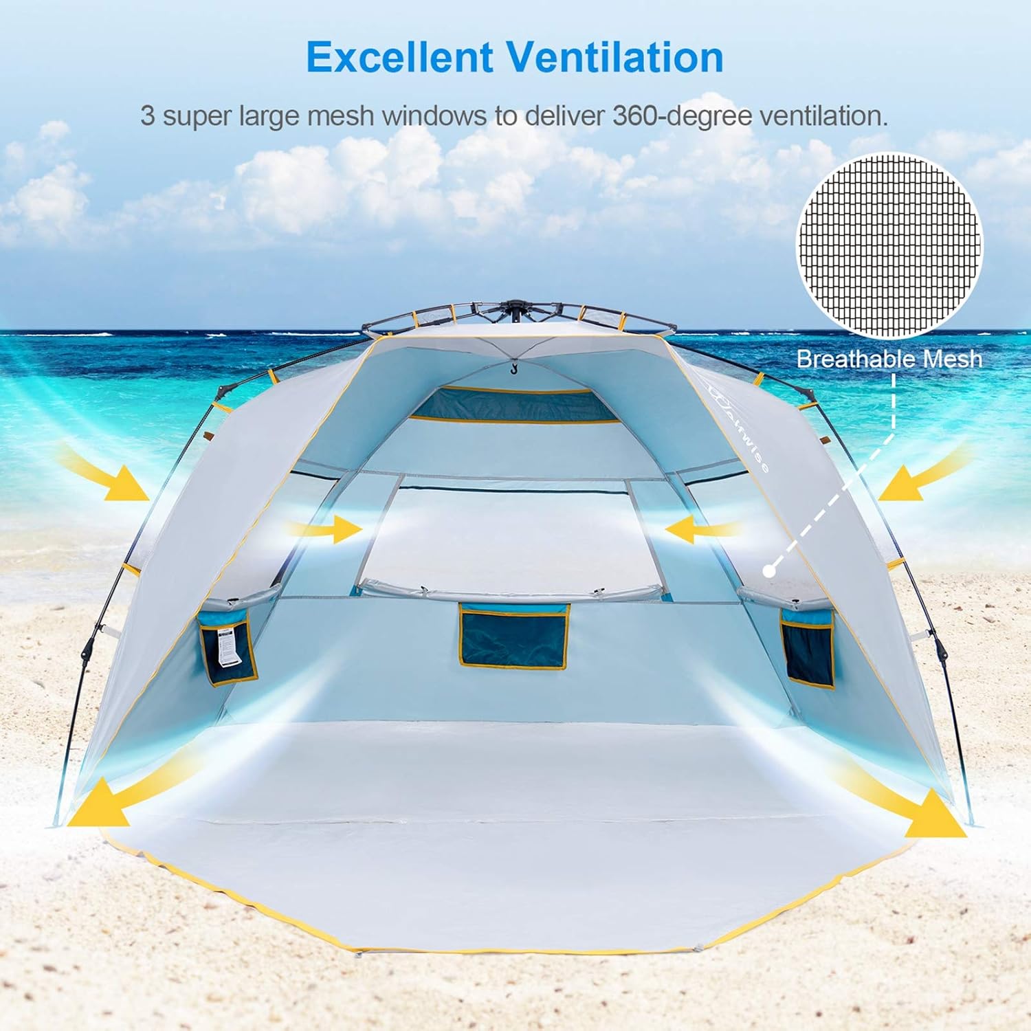 WolfWise 3-4 Person Easy Up Beach Tent UPF 50+ Portable Instant Sun Shelter Canopy Umbrella with Extended Zippered Porch