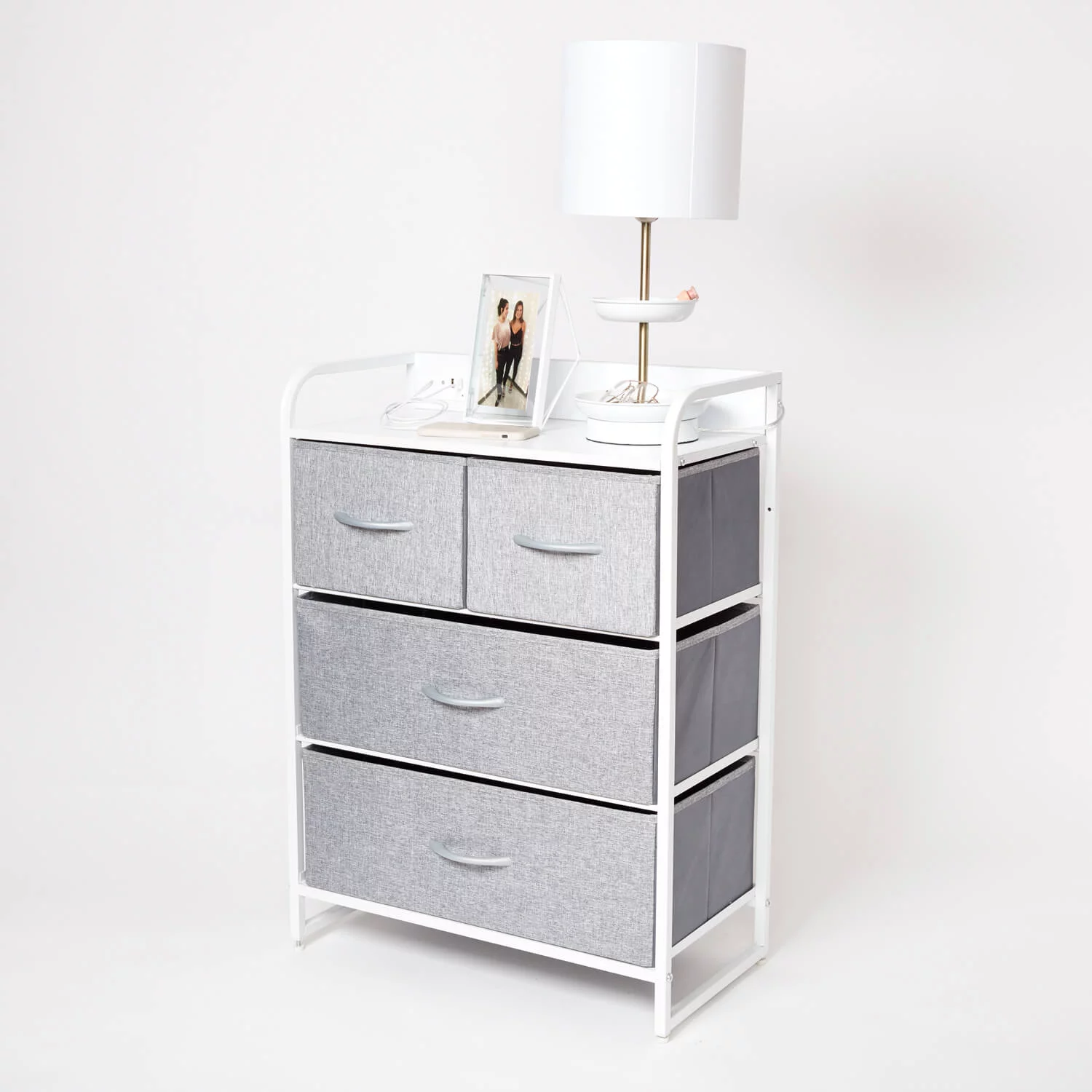 Dormify Charging 4-Drawer Storage Unit, 1 Outlet & 2 USB Ports, Storage Drawers, Organizer, Nightstand, Closet Dresser, Grey, Storage for Small Spaces, Dorm Room Essentials