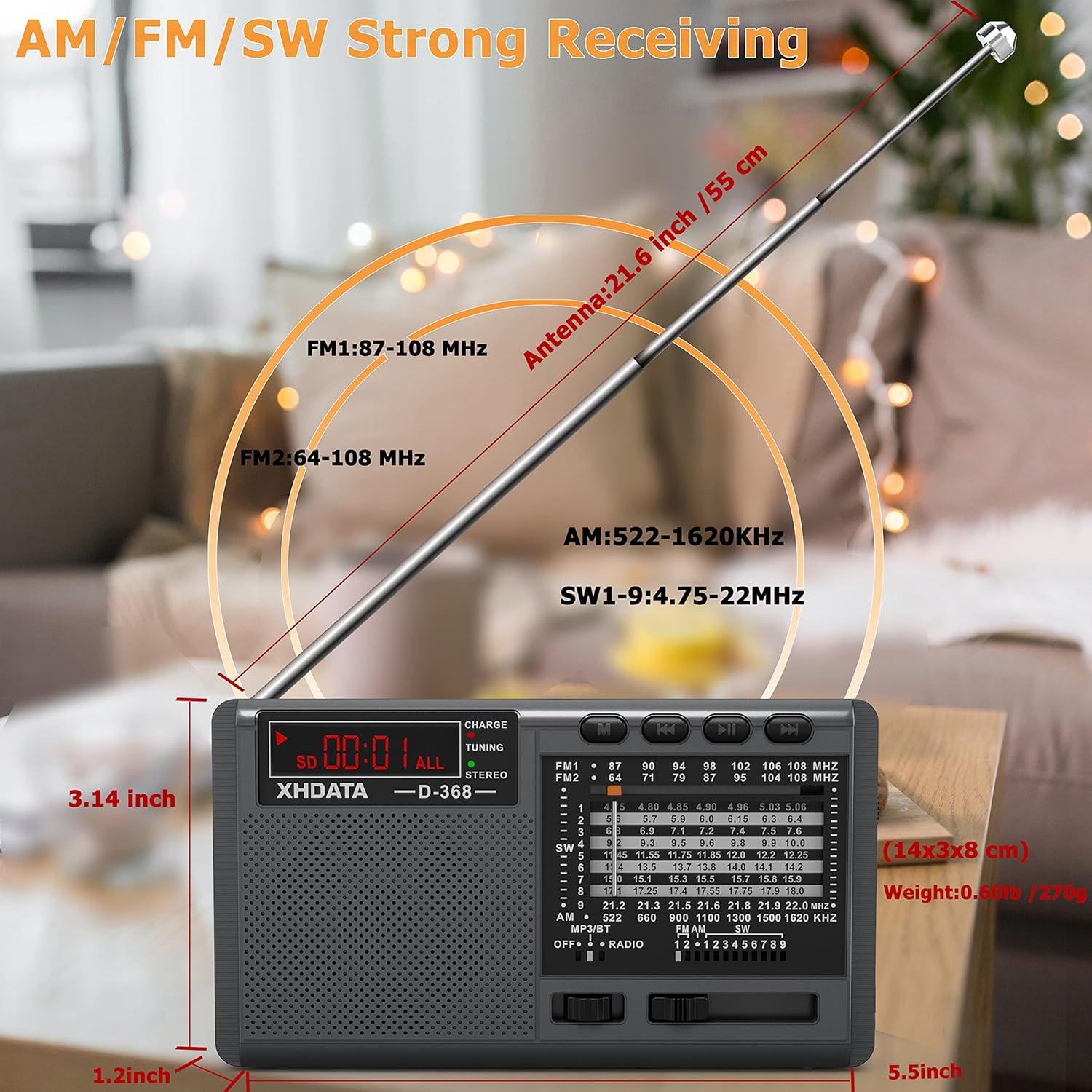 XHDATA D368 Portable Shortwave Radio FM AM SW 12 Band DSP Stereo Radio MP3 Player Wireless Bluetooth Speaker with High Sensitivity Reception Support Micro SD Card and USB Good for Parents