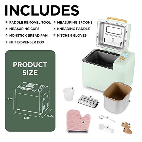 Neretva Bread Maker Machine, 15-in-1 2LB Automatic Breadmaker with Gluten Free Sourdough Setting, Auto Nut Dispenser