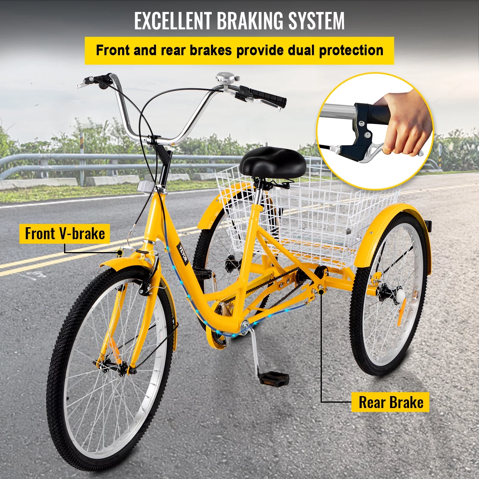 VEVOR Adult Tricycle 24 inch, 1-Speed Three Wheel Bicycles for Adult with Bell Brake System & Cargo Basket , Yellow