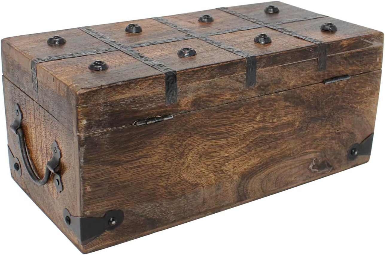 Nautical Cove Treasure Chest Wooden Box with Antique Iron Lock and Skeleton Key - Storage and Decor (Medium 12.25 x 6 x 5.5) Pack of 2