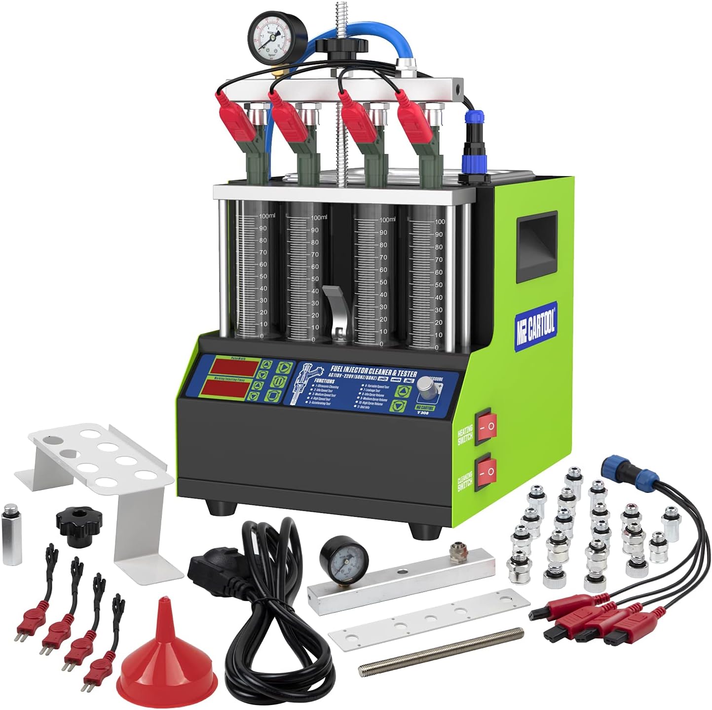 MR CARTOOL V308 Ultrasonic Fuel Injector Tester Cleaner Machine Kit with 4 Cylinders, 110V Automotive Cleaning Spark Plug Testing Leak Injection for Car Motorcycle