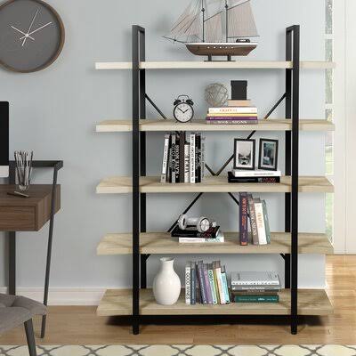 5-Layer Industrial Bookshelf, Open Etagere Bookcase, with Metal Frame, Rustic Bookshelf, Storage Display Rack, Wood(Need to Inst