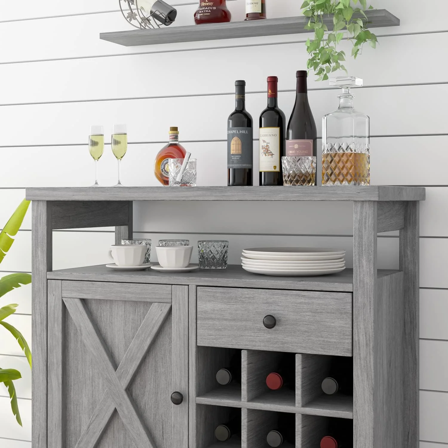 Farmhouse Coffee Bar Cabinet with Storage, Kitchen Buffet Storage Cabinet with Drawer, Wine Bar Cabinet with Barn Door, Gray Coffee Bar Table with Open Shelf for Dining Living Room