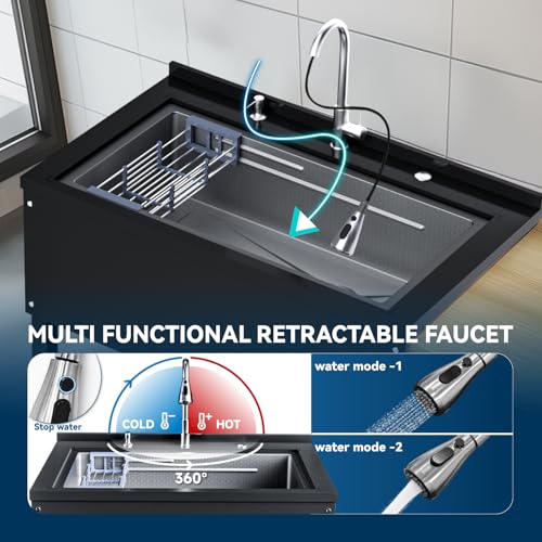 Stainless Steel Utility Sink,24" FreeStanding Laundry&Utility Room Sinks with Cold and Hot Water Faucet,Hoses and Drain Kit Commercial Single Bowl,Laundry Sink for Kitchens, Garage (24x18x36 Black)