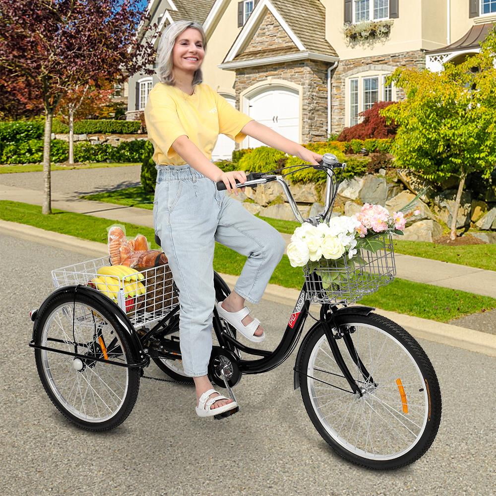 OverPatio Adult Tricycle 7 Speed, 24 Three Wheel Bikes, for Seniors, Adults, Women, Men, Black