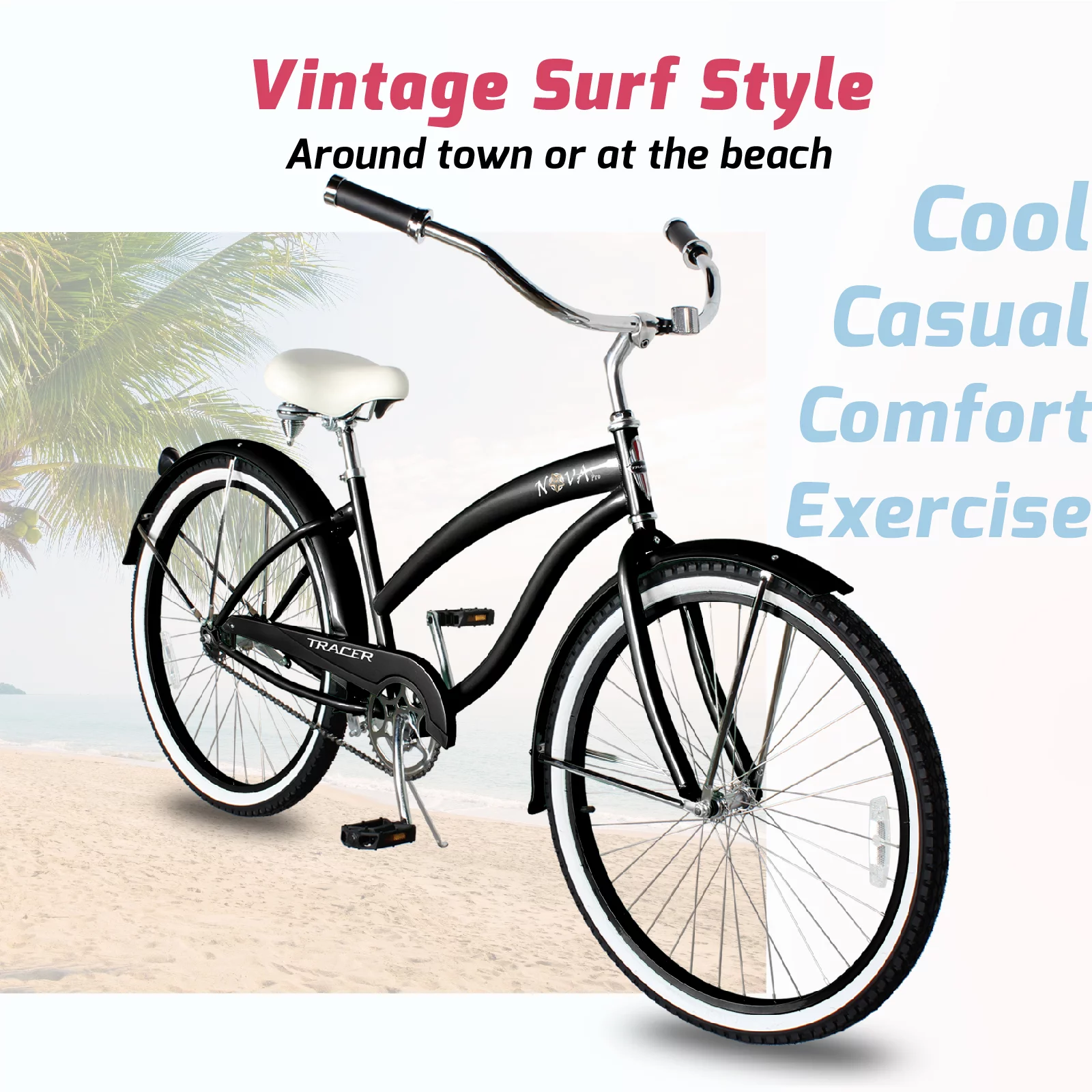 2023 TRACER Nova Beach Cruiser Bike for Women, 26 Inch Wheels, Hi Ten Steel Frame, 1 Speed, Coaster Brake, Hybrid Bike for Adults, Complete Cruiser Bikes, Matte Black Color
