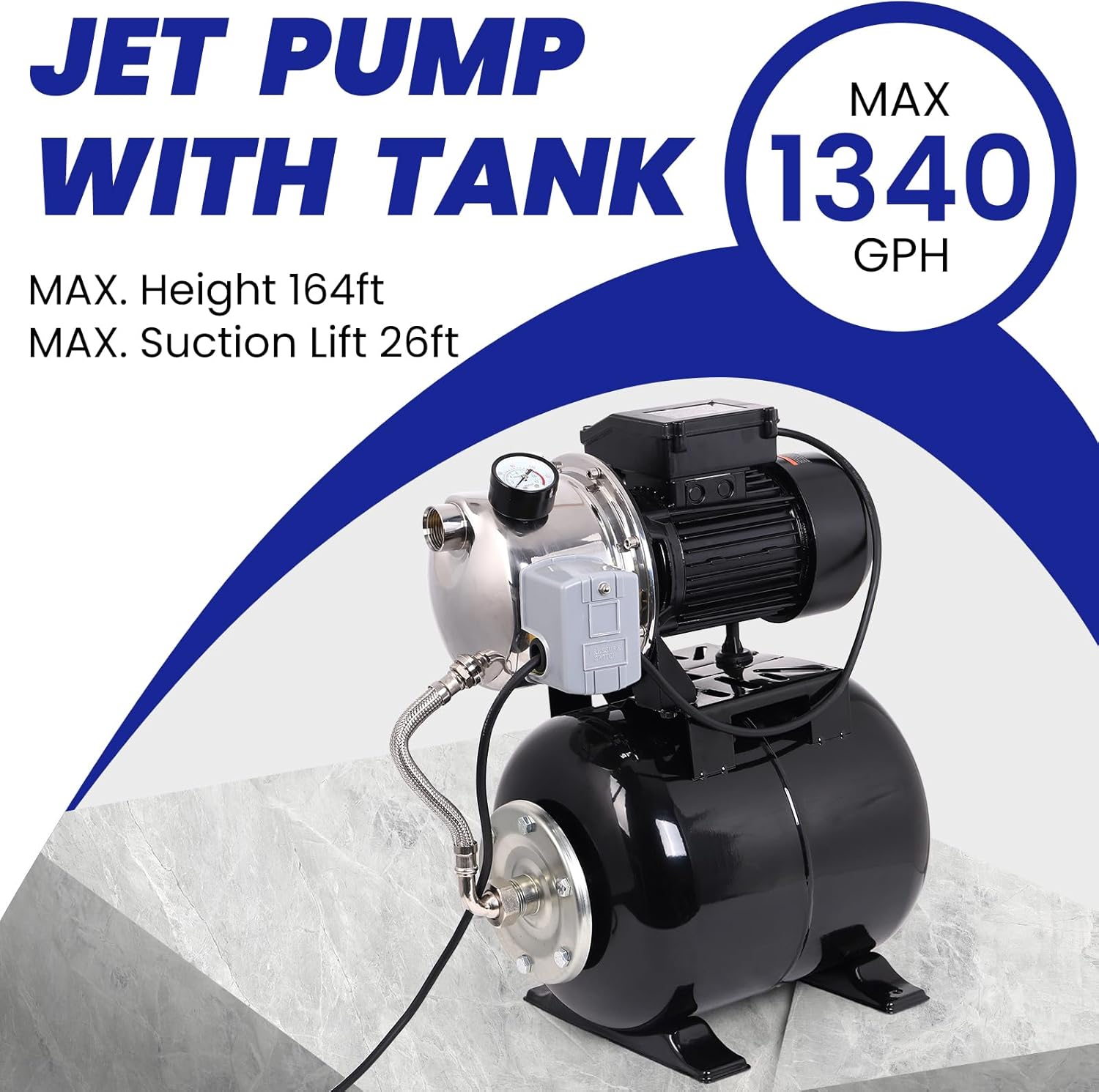 1.6HP Shallow Well Pump with Pressure Tank, 1340GPH Stainless Steel Irrigation Pump, 115V Automatic Water Booster Jet Pump for Home, Garden, Farm, Lawn Sprinkler Systems