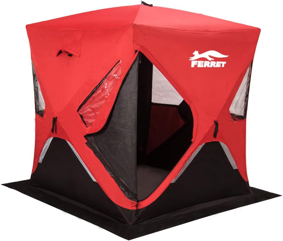 FERRET 1-2 Person 58X58X66 Waterproof Pop-up Portable Ice Shelter Tent Ice Shelter Fishing Tent with Carrier Bag, Red