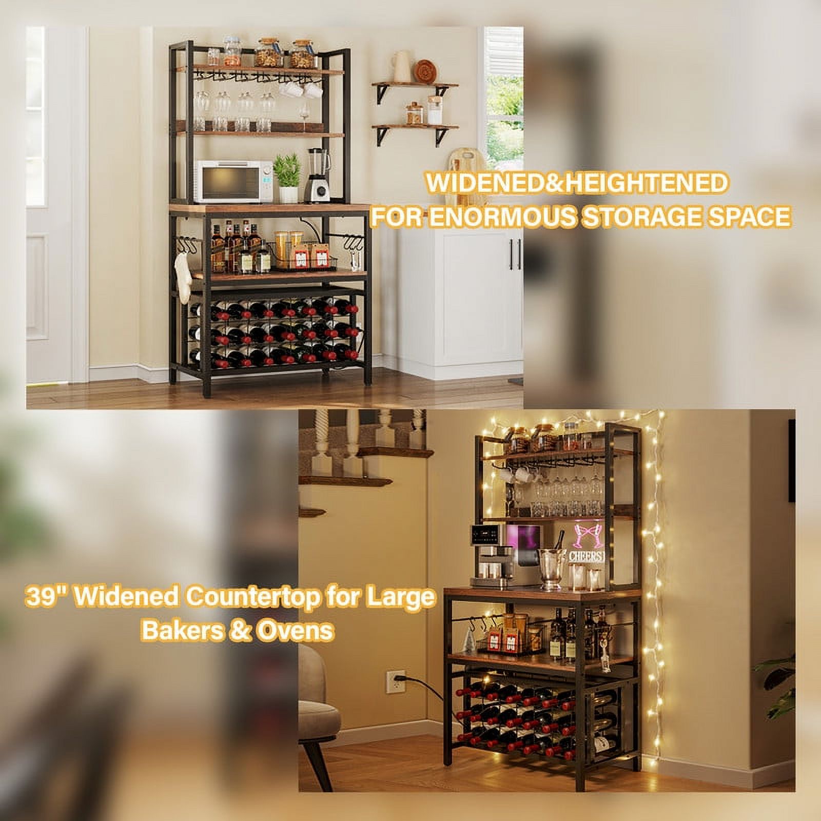 DWVO 4 Tier Coffee Bar Station, 31.5" Freestanding Kitchen Bakers Rack with Wine Rack, Kitchen Microwave Stand with Power Outlet and Hooks for Home, Dinning Room, Rustic Brown