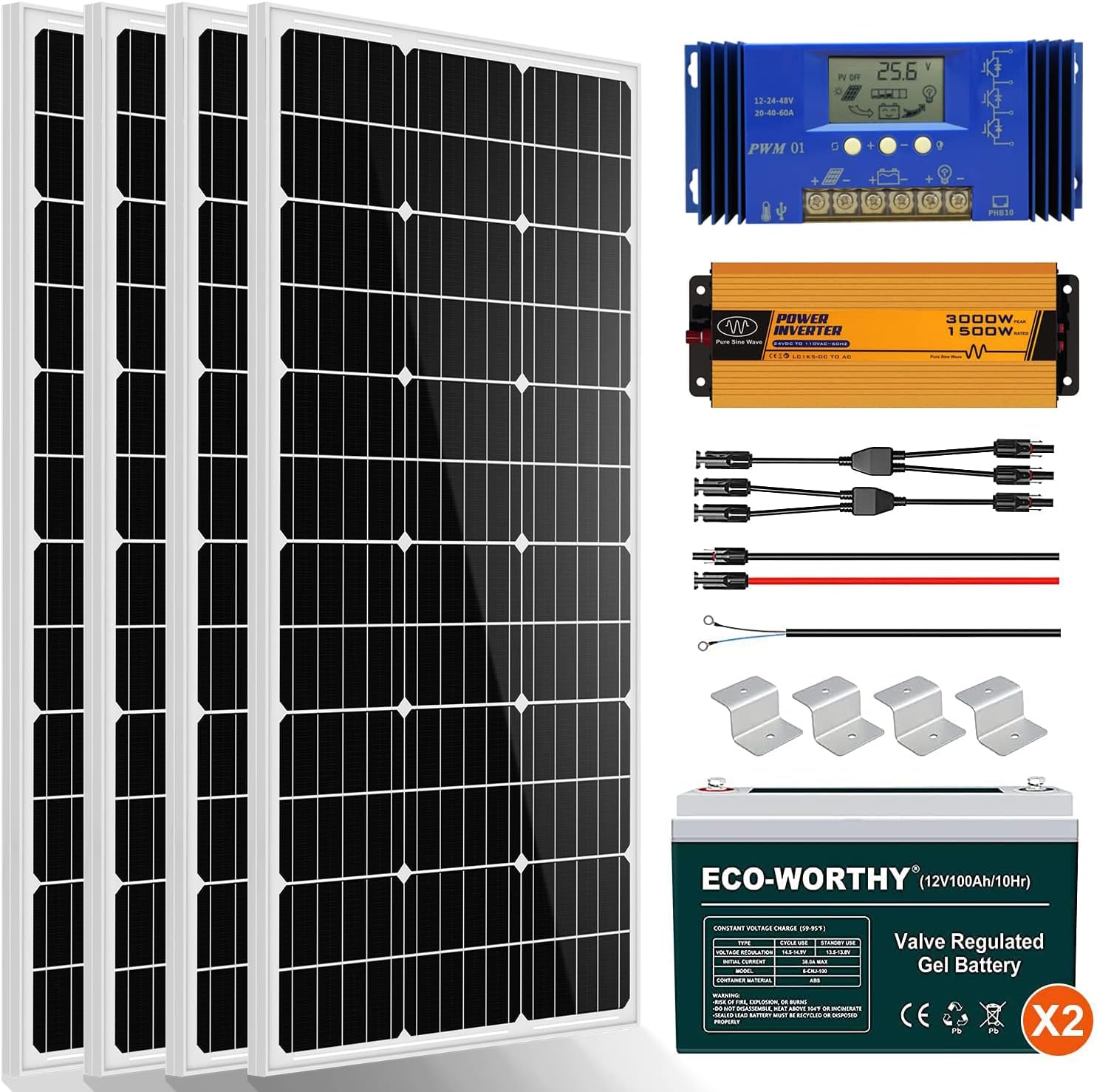 ECO-WORTHY 400 Watt 24 Volt Solar Panel Kit Off Grid with 4pcs 100W Solar Panels + 60A Charge Controller + Accessories Needed for RV, Cabins, Caravan, Shed，etc