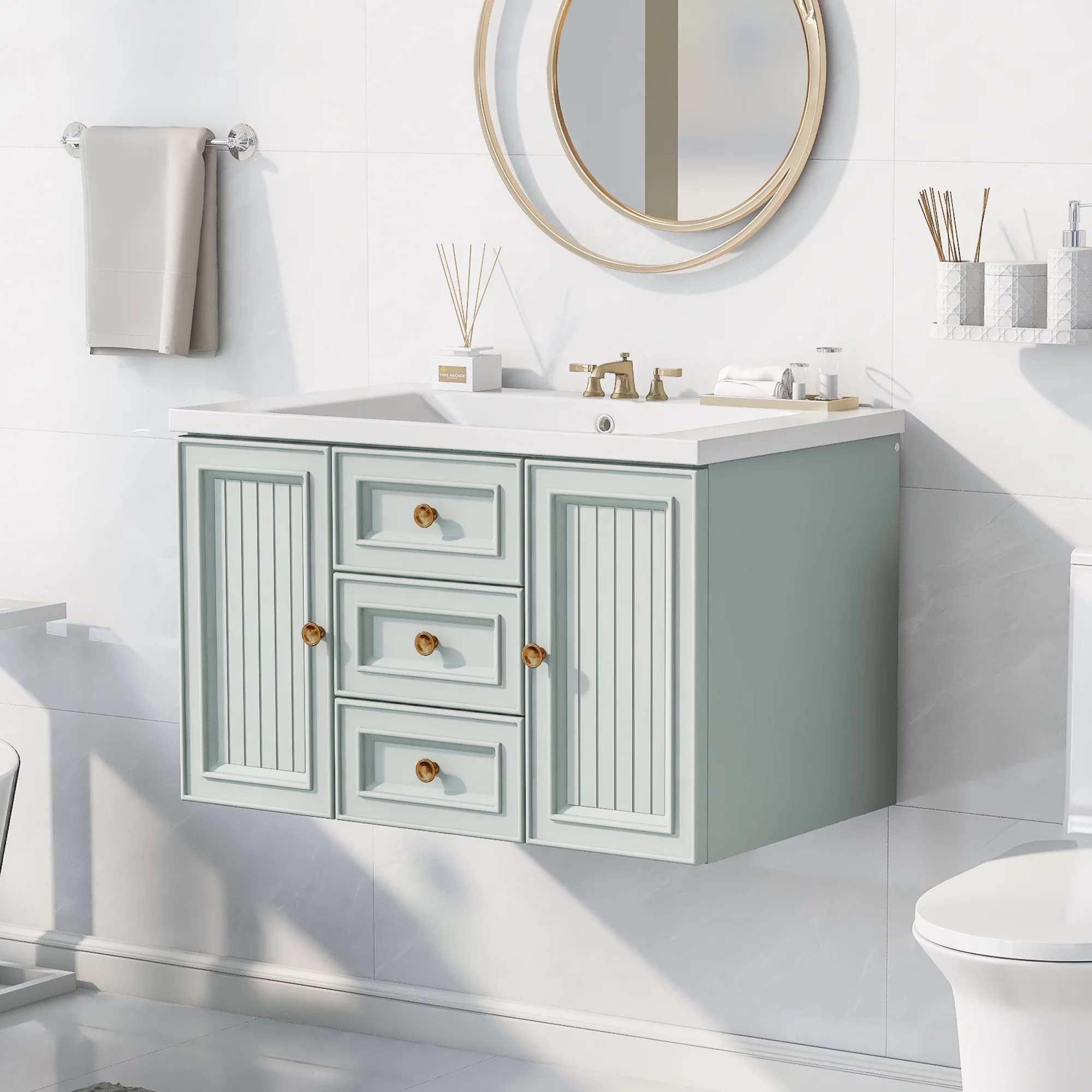 Churanty 30" Wall Mounted Bathroom Vanity with Sink, Vanity Cabinet with Functional Storage Drawer, Solid Wood & MDF Board, Green