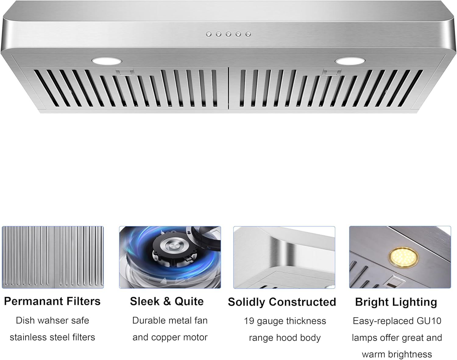 30 Inch Under Cabinet Range Hood Kitchen Vent Hood,Built in Range Hood with 400CFM for Ducted in Stainless Steel, with Permanent Stainless Steel Filters