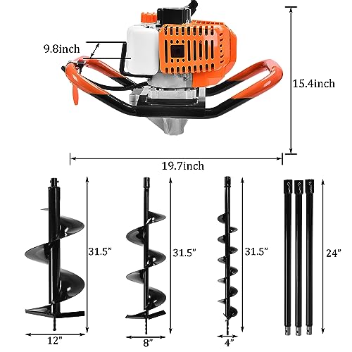 Post Hole Digger,72CC Auger Post Hole Digger Gas Powered Auger with 3 Earth Drill Bits 4" & 8" & 12", 3 Extension Rods for Fence Garden Farm Plant,EPA Certification