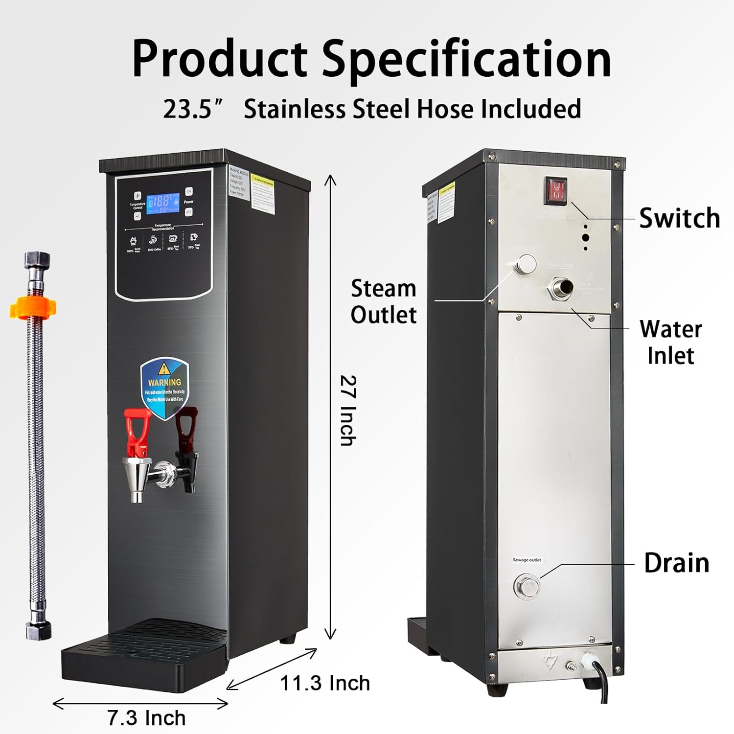 Hot Water Dispenser Commercial Water Boiler Electric Warmer Black Hot Water Machine, 50L/13Gal per Hour, Stainless Steel, Large Capacity, 1600W Fast Heating for Restaurant, Hotel, Office