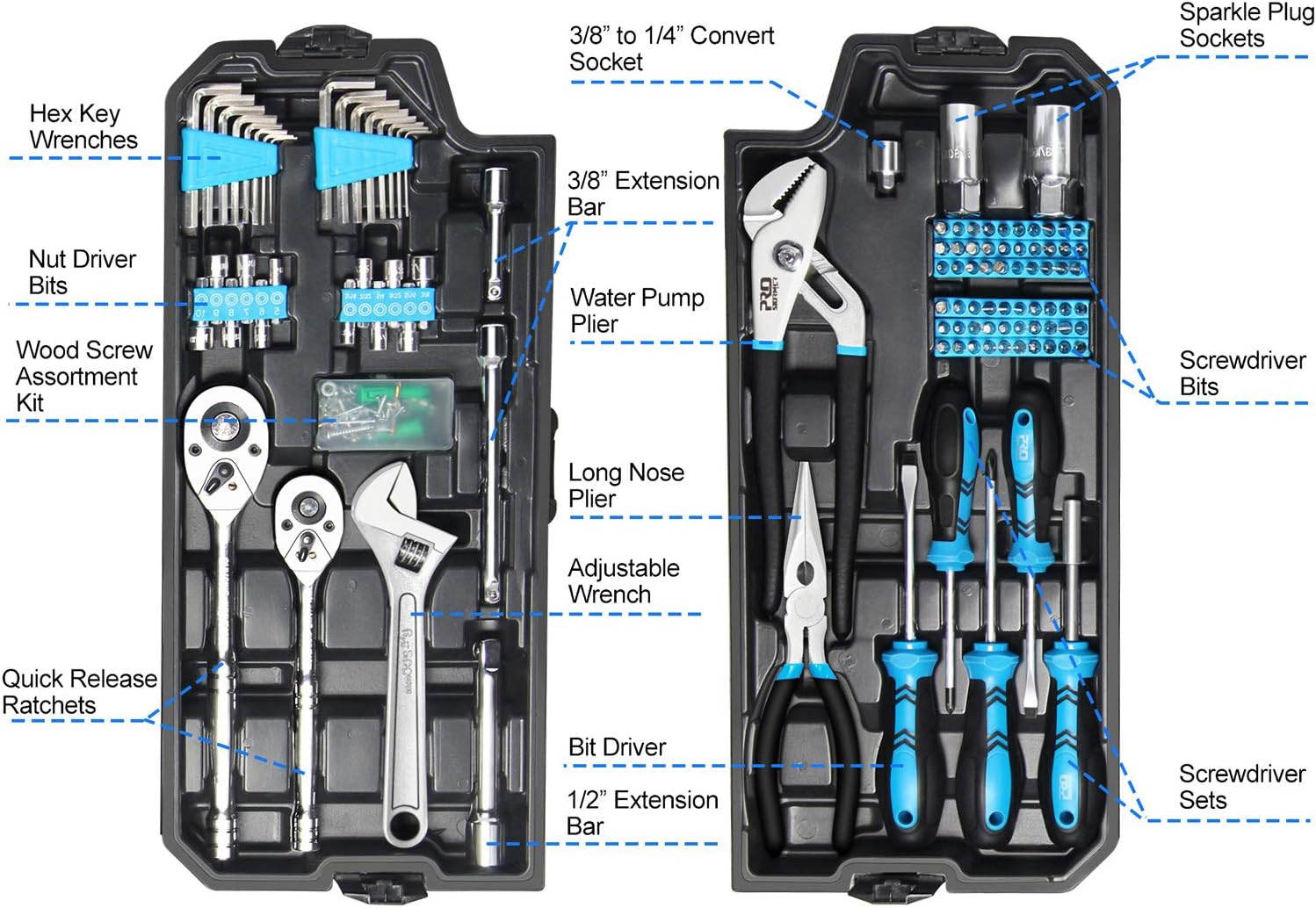 Prostormer 228-Piece Mechanics Tool Set, General Purpose Mixed Sockets and Wrenches Auto Repair Tool Kit with Plastic Storage Case