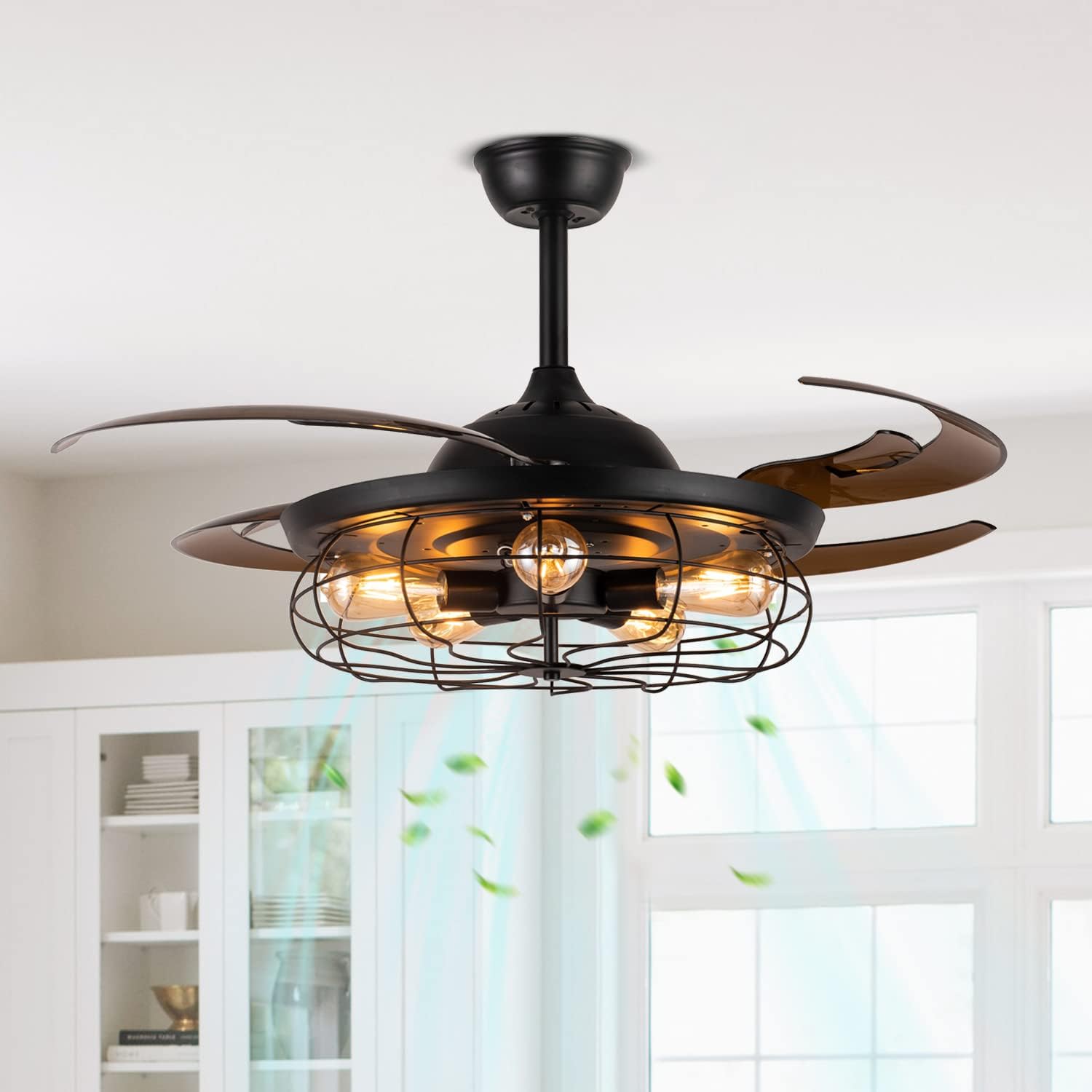 48 Reverse Industrial Ceiling Fans with Lights, Siljoy Retractable Blades Fandelier with Remote Vintage Cage Chandelier Ceiling Fan for Farmhouse Living Room Bedroom Black