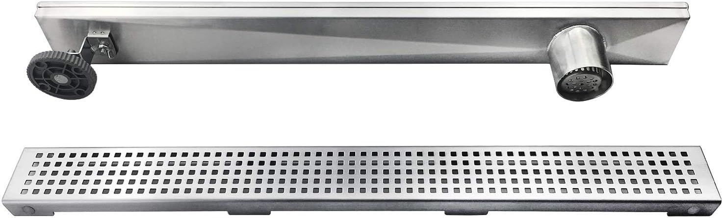 Neodrain 36-Inch Offset Side Outlet Linear Shower Drain with Quadrato Pattern Grate Cover, Brushed 304 Stainless Steel Rectangle Shower Floor Drain, with Leveling Foot, Hair Strainer catcher