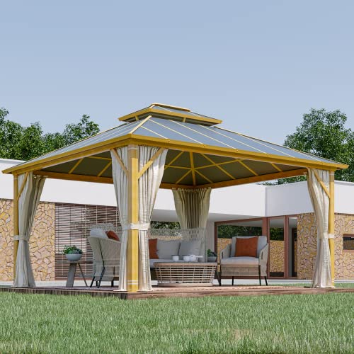 YOLENY 10' x 12' Hardtop Gazebo, Wood-Looking Gazebo with Galvanized Steel Double Roof, Aluminum Frame, Permanent Metal Pavilion with Netting and Curtains for Deck, Backyard, Patio and Lawns