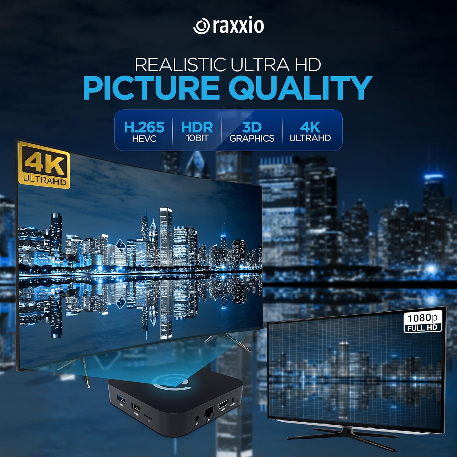 Raxxio Android TV Box - RAX2100 Android 9.0, Ultra HD 4K 75fps, 4GB RAM, 64 GB ROM, WiFi 2.5G + 5G, USB 3.0, and Bluetooth 4.1 Enabled Smart Android Box with HDMI Cable and Bluetooth Remote Control