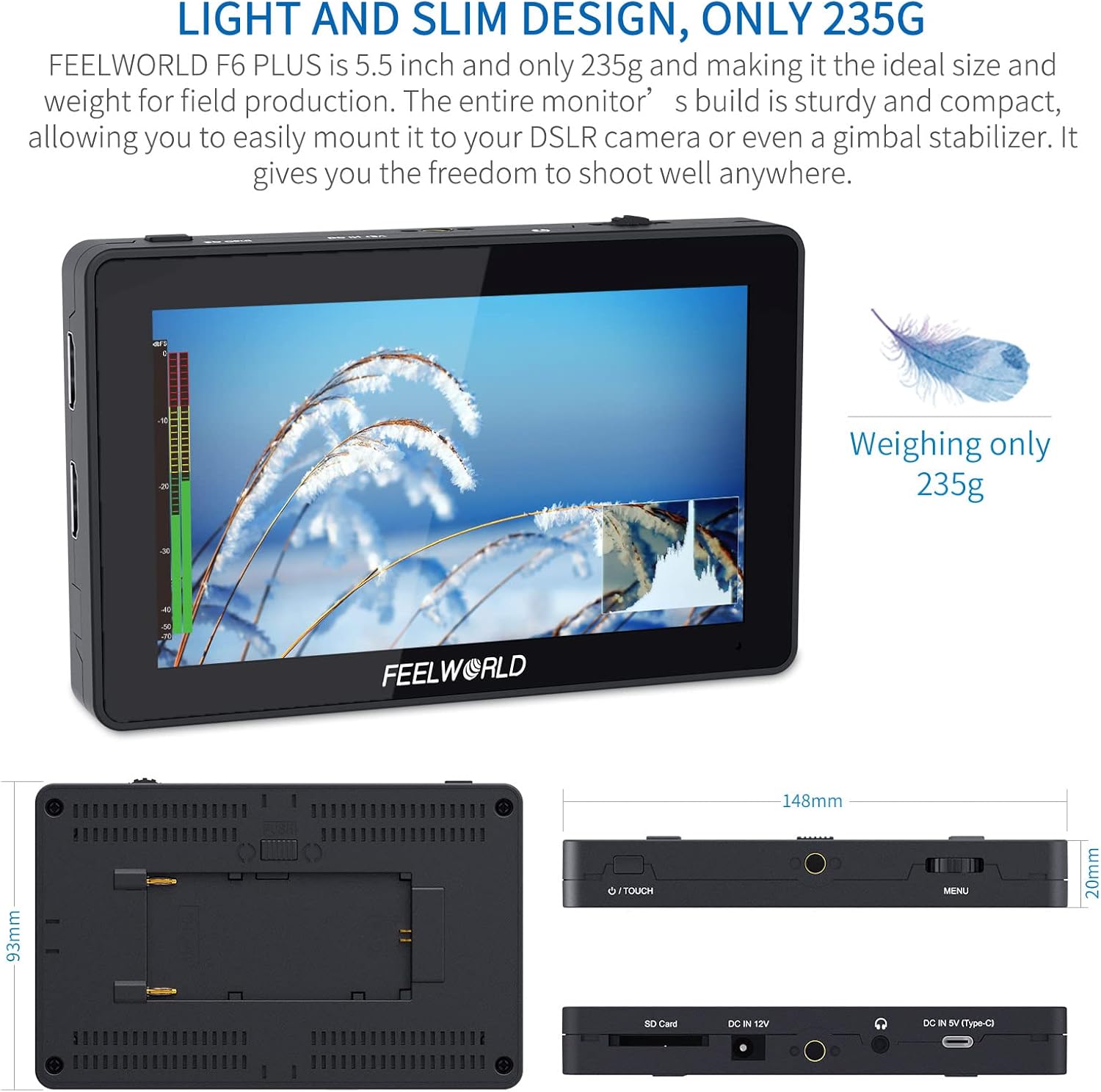 FEELWORLD F6 Plus 5.5 Inch Camera Monitor Field DSLR Monitors with 3D Lut HDR Small Full HD 1920x1080 IPS Support 4K HDMI Input Output Touch Screen for Photographer and Director External Video Monitor