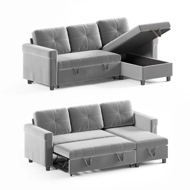 Mjkone Reversible Sectional Sofa Couch with Storage Chaise, Modern Dutch Velvet L-Shaped Sleeper Sofa 3-Seat Couches Sectional with Reversible Chaise (Light Gray)