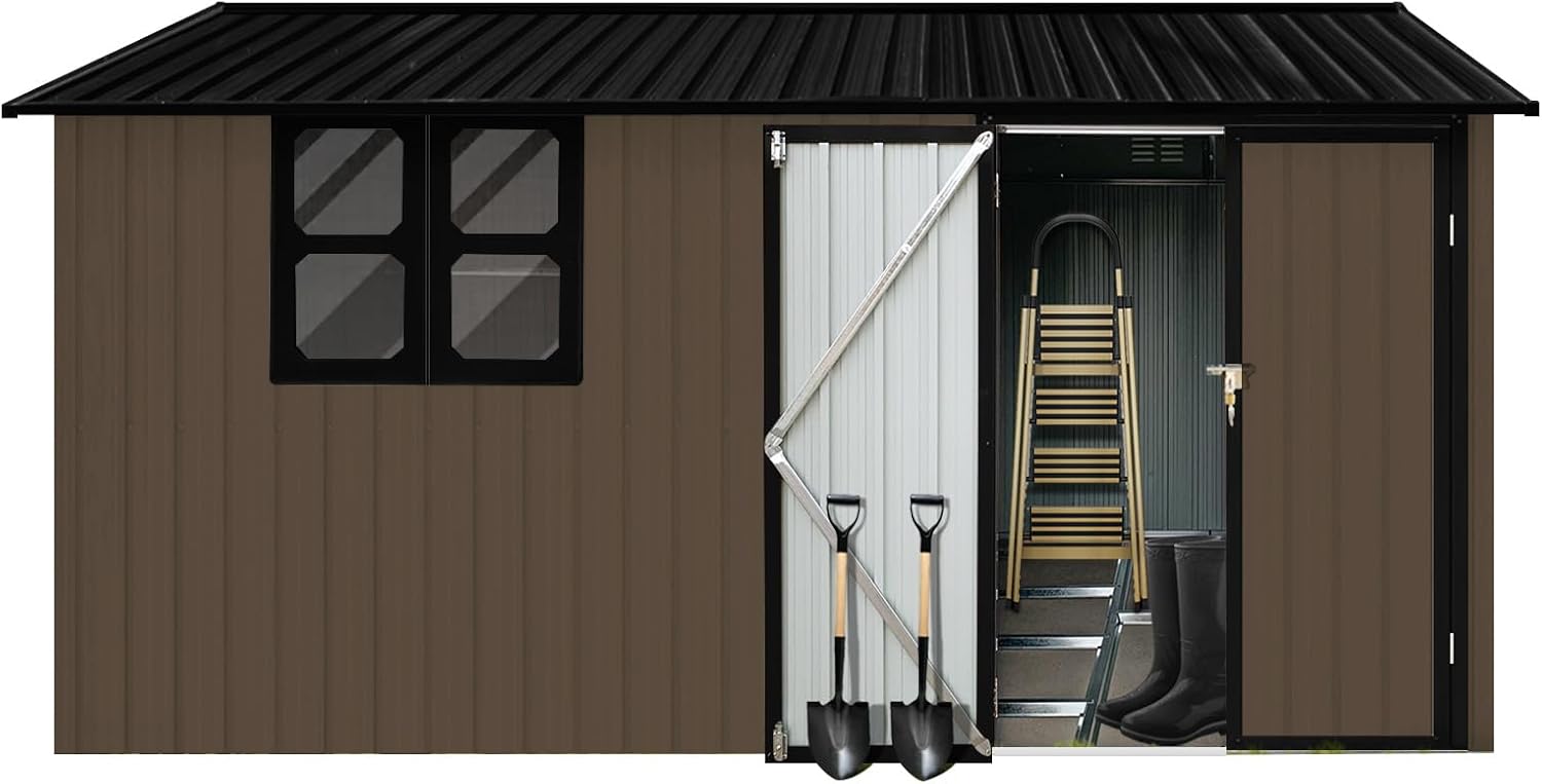 UBGO 12x10 FT Outdoor Storage Shed Clearance, Large Shed House,Metal Garden Shed with Updated Frame Structure Windows and Lockable Doors, Tool Sheds for Backyard Garden Patio Lawn,-Brown