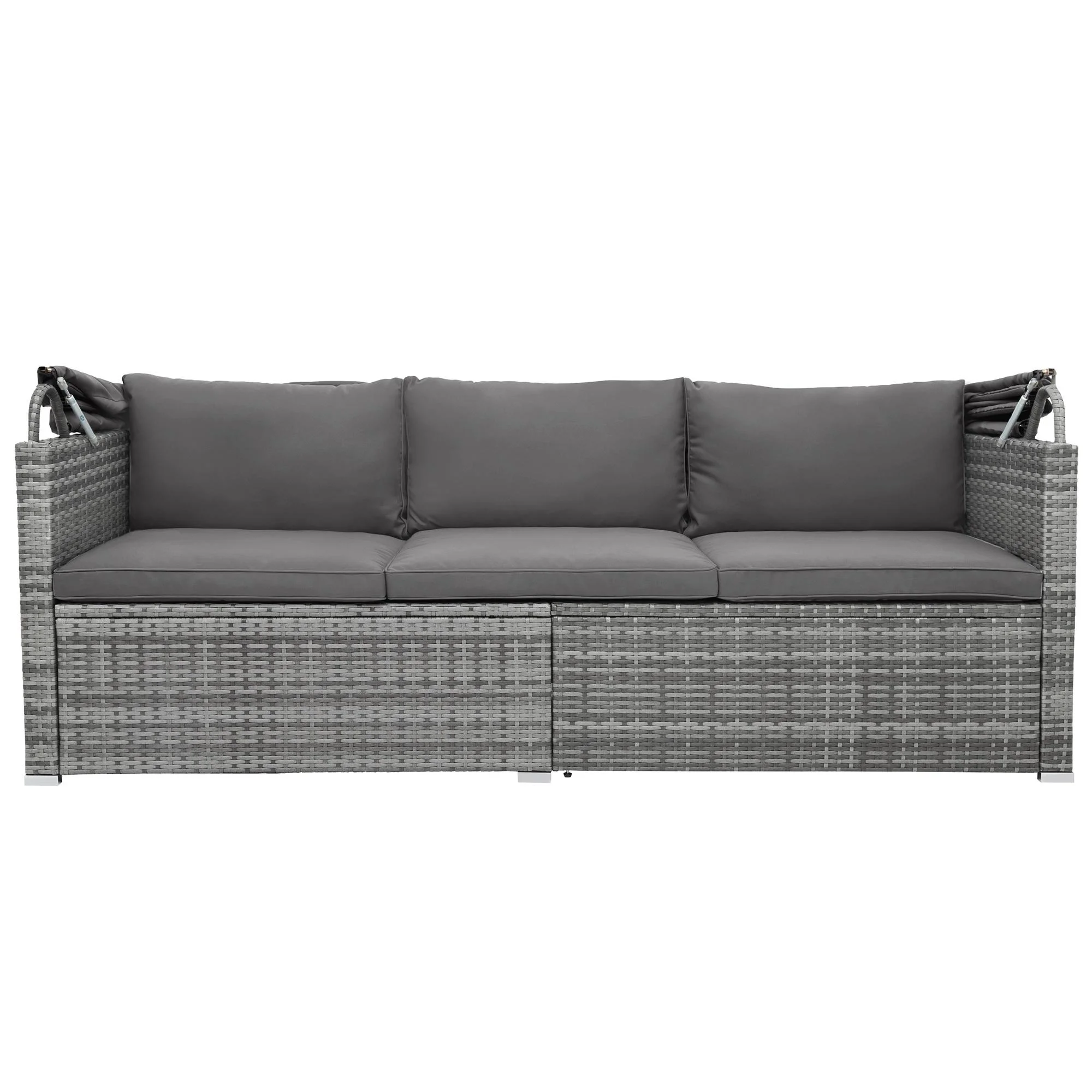 Seizeen 5 Pieces Patio Outdoor Daybed, Rattan Sectional Conversation Sofa Set with Retractable Canopy, Patio Sectional Bed with Side Table, Outdoor Sunbed with Cushions and Pillows