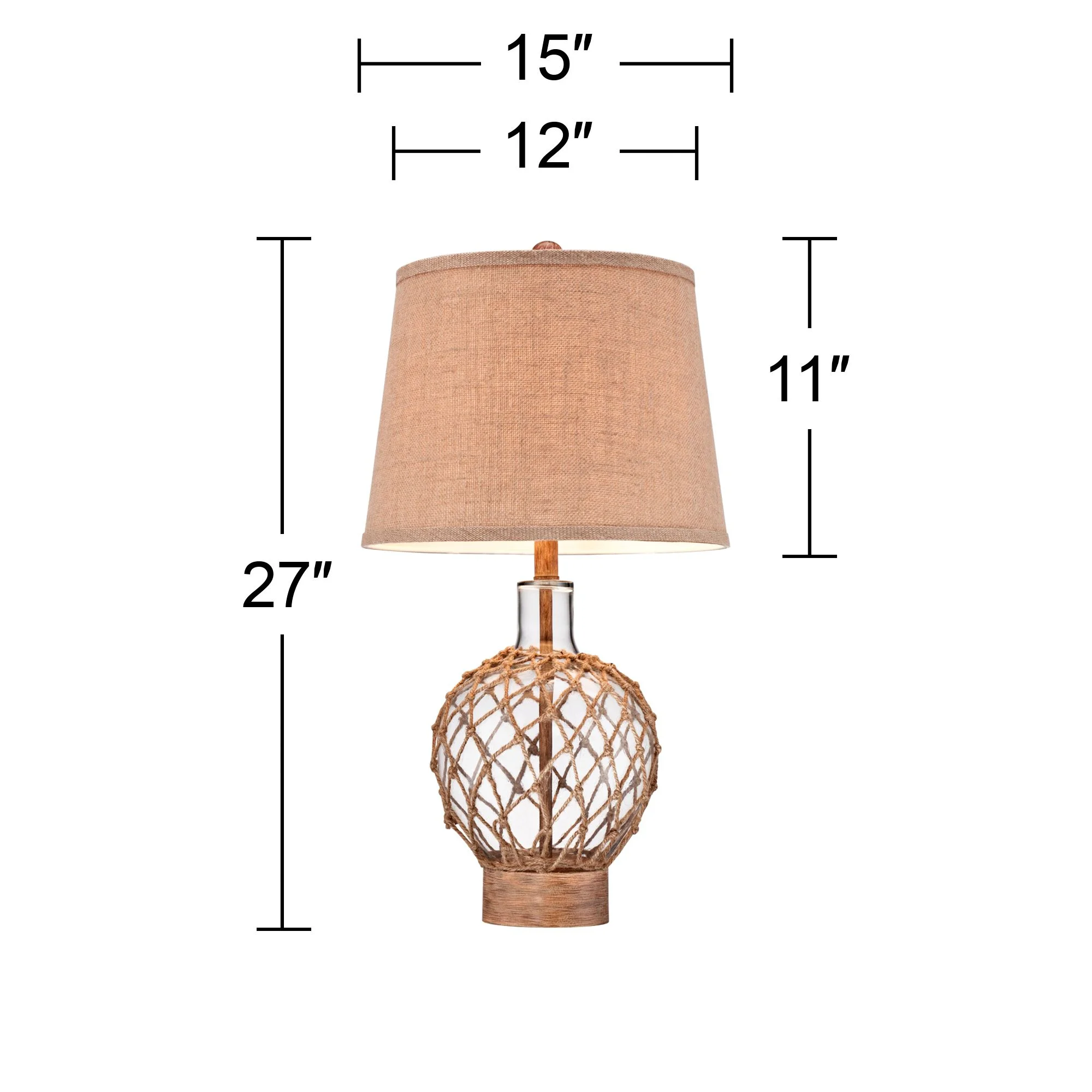 360 Lighting Coastal Table Lamps 27" Tall Set of 2 Rope and Clear Glass Jug Burlap Drum Shade for Living Room Family Bedroom Nightstand