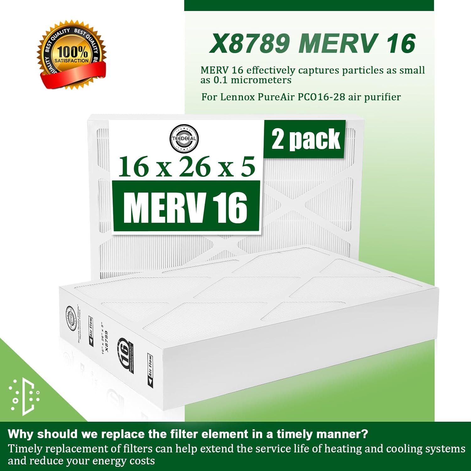 New Upgrade X8789 MERV 16 Filter - 16" x 26" x 5" Compatible With Lennox PureAir PCO16-28 Filter Air Purifier Cleaner - Ideal For Home & Office - 2 Pack
