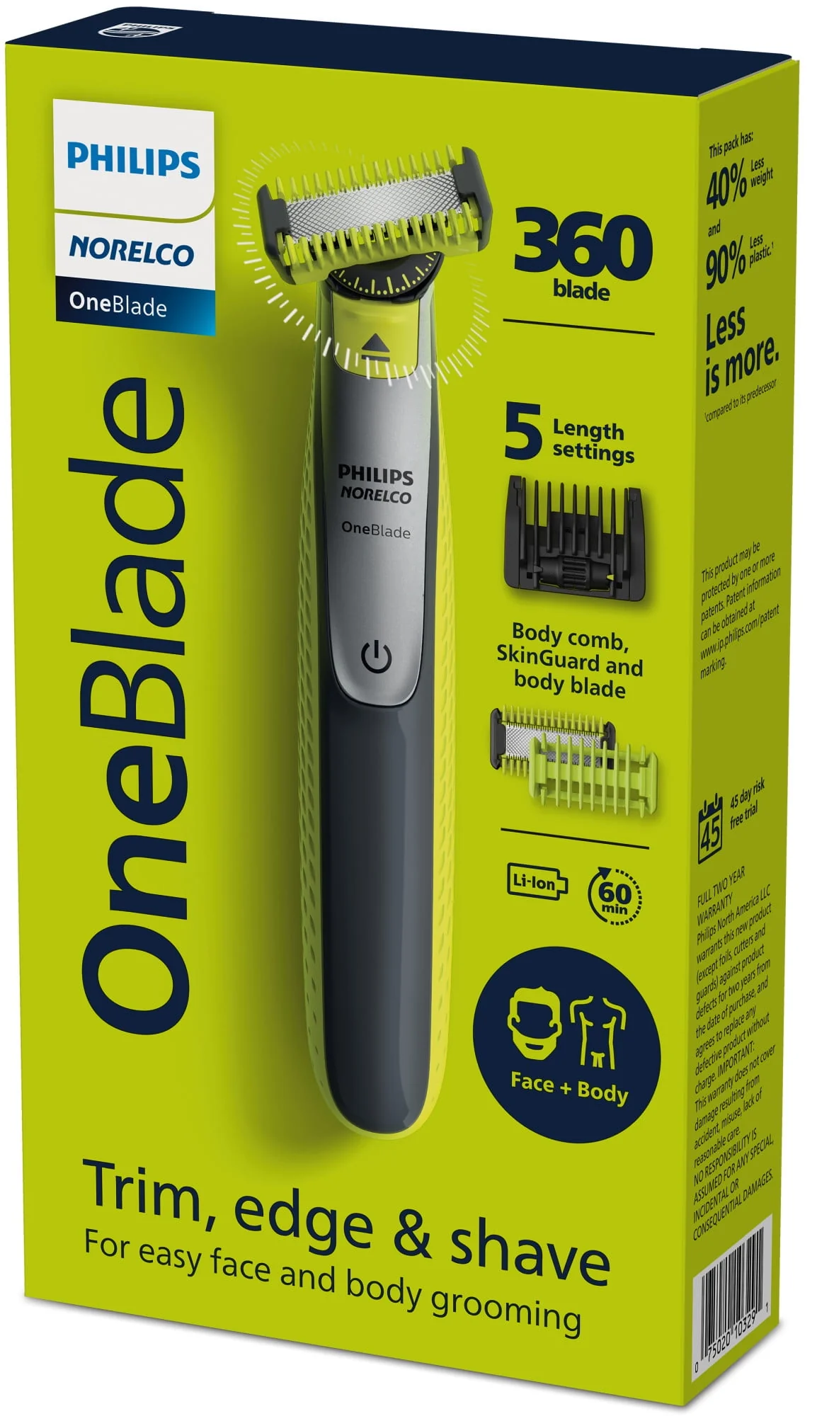 Philips Norelco Oneblade 360 Face + Body, Hybrid Electric Razor and Beard Trimmer For Men with 5-In-1 Face Stubble Comb and Body Hair Trimmer Kit, QP2834/70