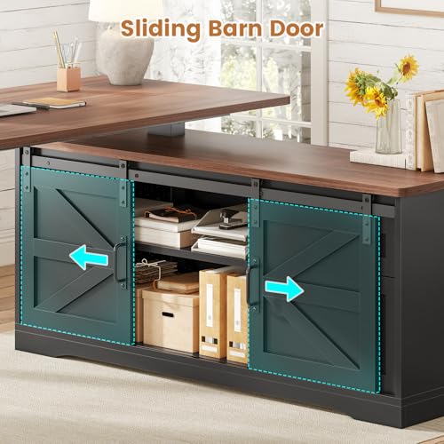 SEDETA Farmhouse L Shaped Standing Desk, 55 inch Height Adjustable Corner Desk with Storage Drawers, Standing Computer Desks with Power Outlets for Home Office, Black