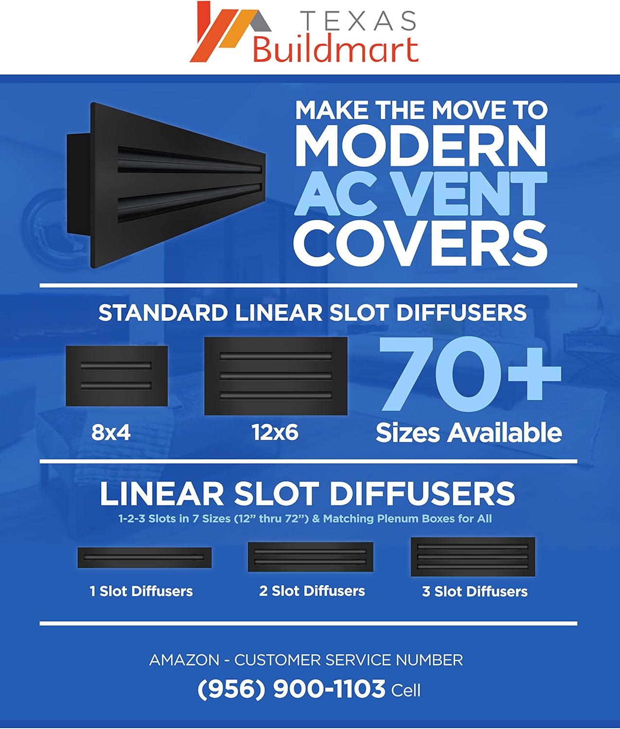 20x20 Modern AC Vent Cover - Decorative Black Air Vent - Standard Linear Slot Diffuser - Register Grille for Ceiling, Walls & Floors - Texas Buildmart