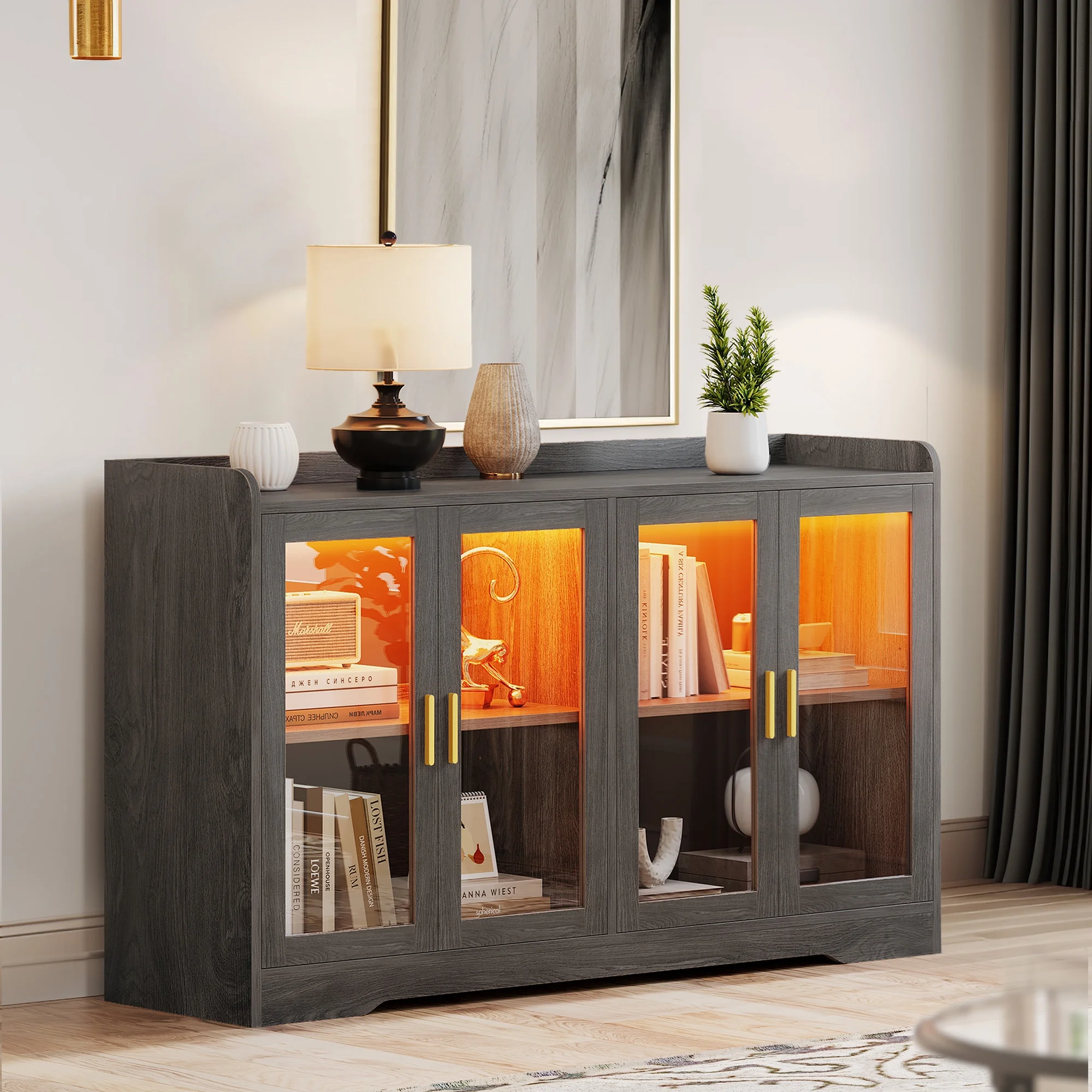 Dextrus Sideboard Buffet Cabinet with LED Light & Doors, Modern Wood Acrylic Glass Sideboard Storage Cabinet Cupboard, Sideboard Buffet Table for Kitchen, Dinning Room, Living Room, Gray