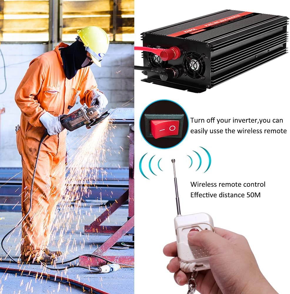 1000 Watt Pure Sine Wave Inverter 12v DC to 110/120v AC, Car Converter Inverter 4 AC&USB Output, Wireless Remote Control(170ft), Power Adapter for Home/Outdoor/RV/Emergency(1000W-12V)
