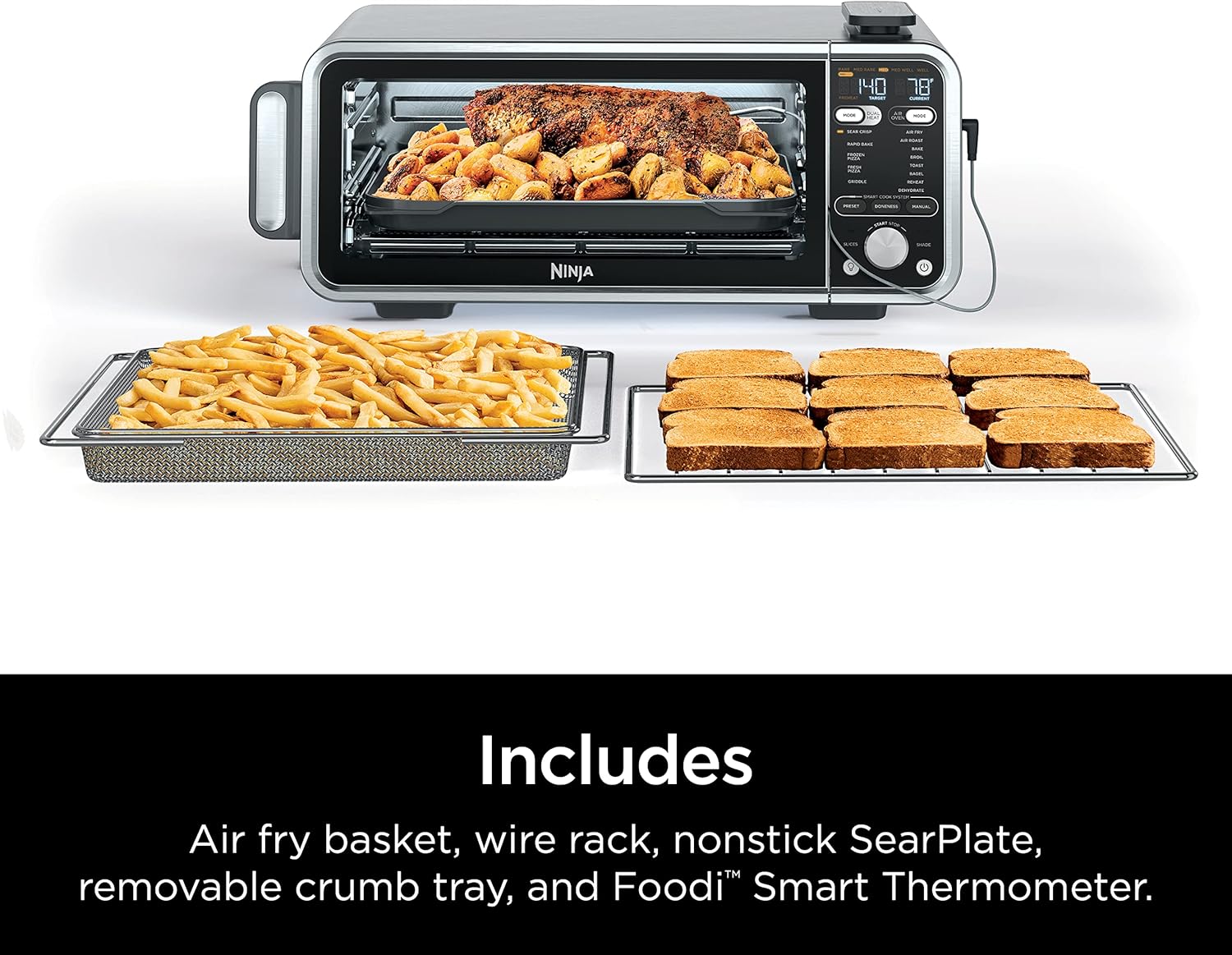 Ninja SP351 Foodi Smart 13-in-1 Dual Heat Air Fry Countertop Oven, Dehydrate, Reheat, Smart Thermometer, 1800-watts, Silver