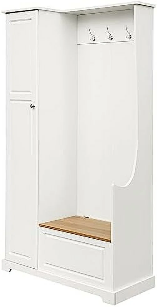 RUNFAYBIU Wooden Hall Tree with Flip-Up Bench  Coat Rack with Adjustable Shelves  Mudroom Coat  with Hanging Hooks for Entryways  White