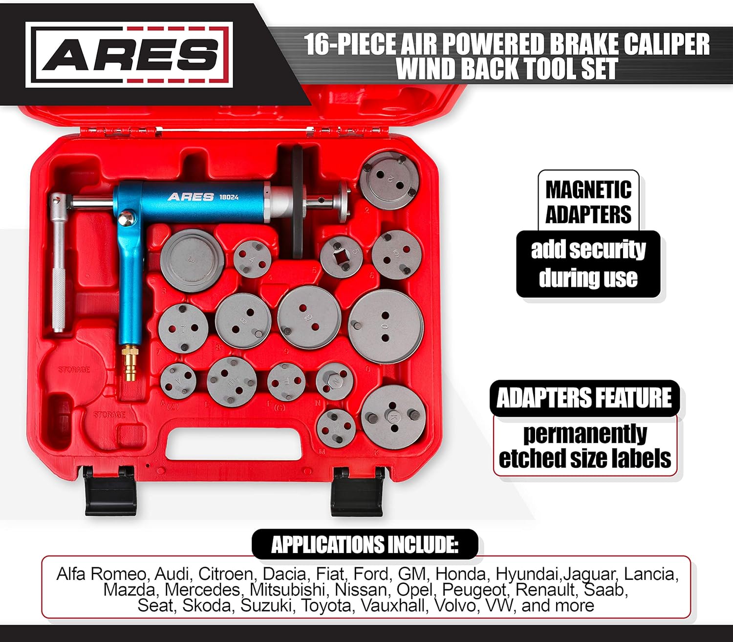 ARES 18024-16-Piece Brake Caliper Wind Back Tool Set - Pneumatic Design for Easy One-Person Use - Includes Compressor Tool, 15 Drive Key Disc Adapters - Storage Case Included