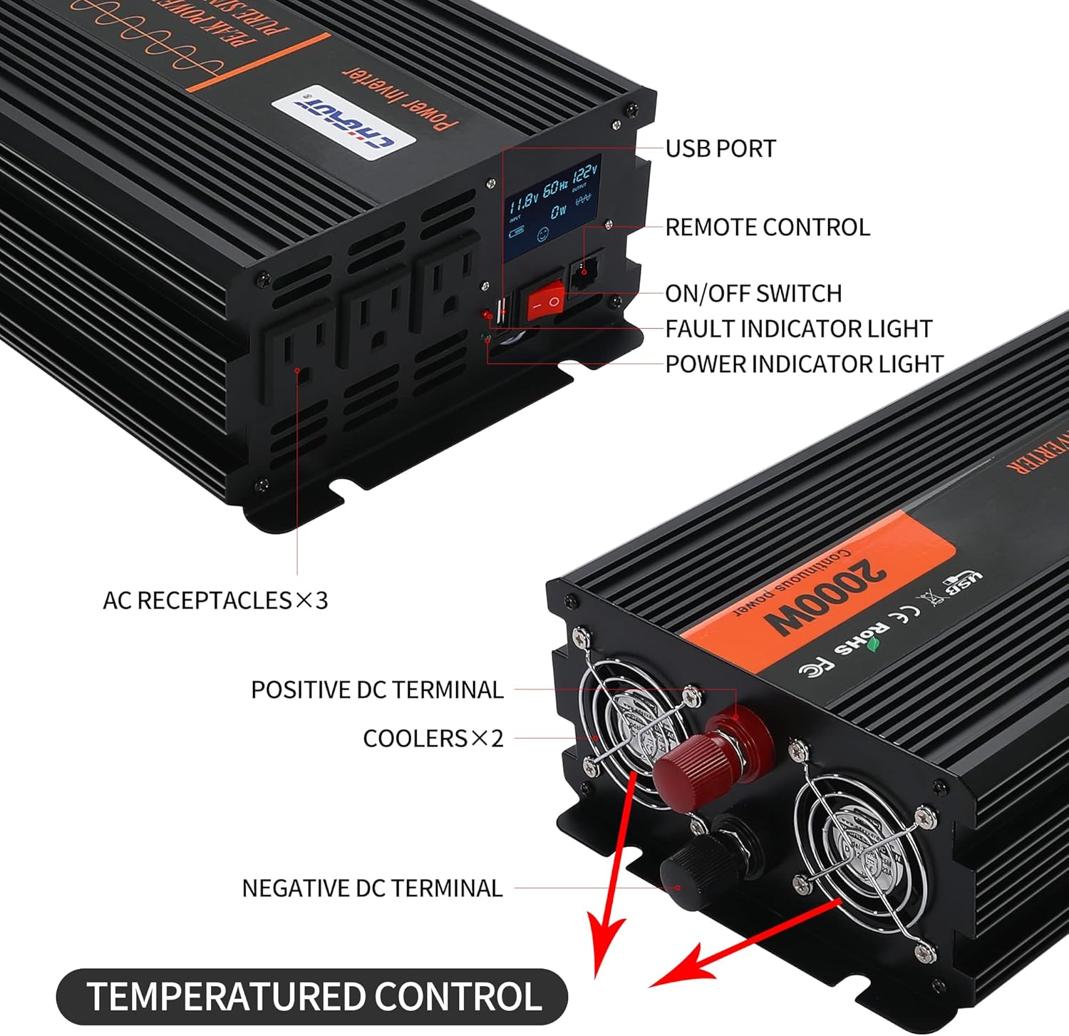 Power Inverter, 2000W Pure Sine Wave Inverter DC 12V to AC 120V Car Inverter with LCD Digital Display Remote Control USB Port Power Converter for Travel/Camping