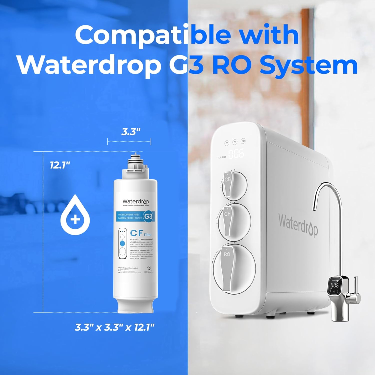 Waterdrop WD-G3-CF and LED UV͎ Ultrąviolët Water Filter, Replacement for WD-G3-W, WD-G3P600 and WD-G3P800-W Reverse Osmosis System, 6-month Lifetime-BUNDLE