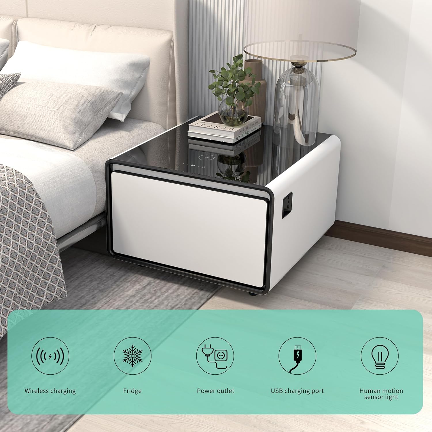 Modern Smart Side Built-in Fridge Coffee Table, White