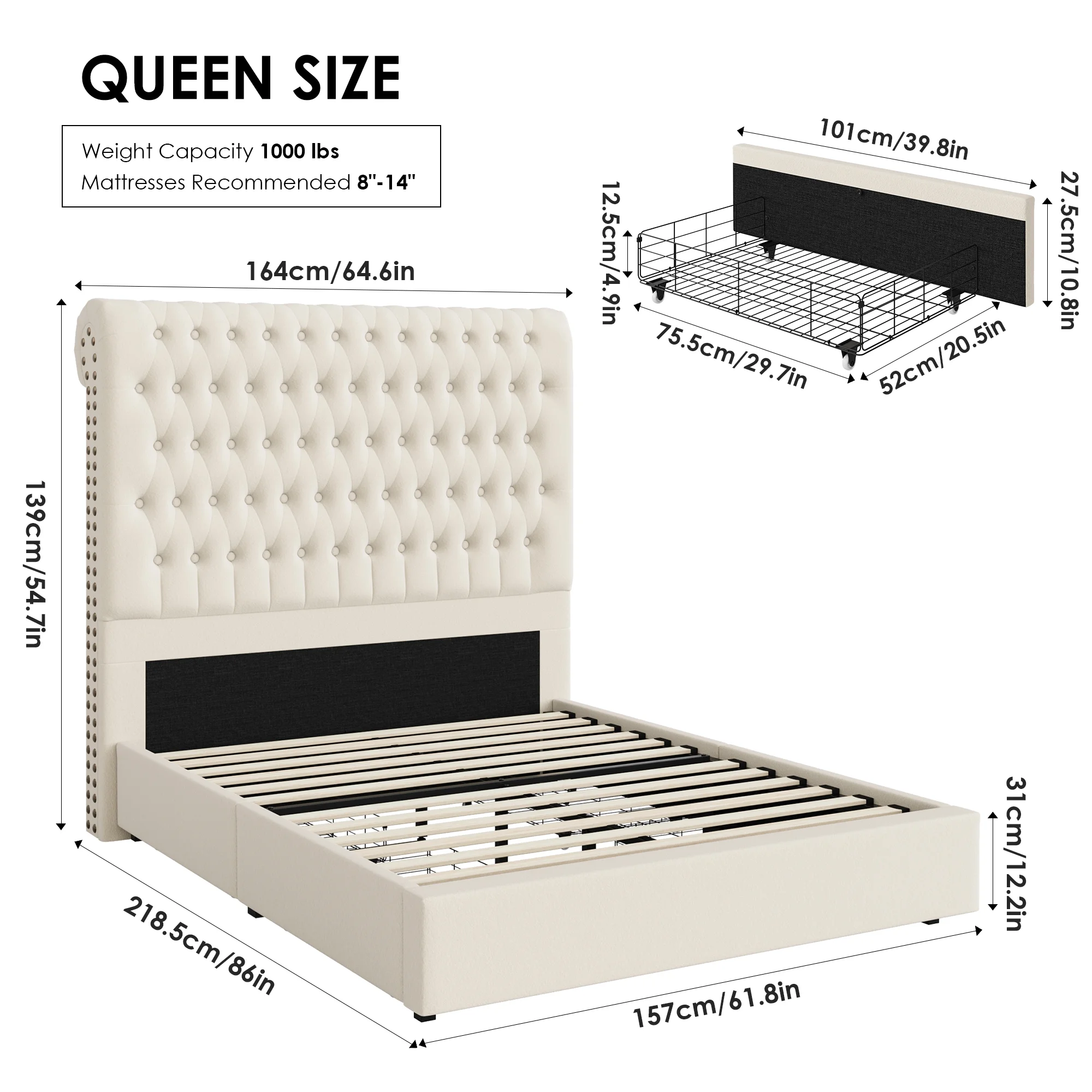 Homfa 54.7" Tall Headboard Bed Frame, Queen Size Storage Bed with Tall Headboard, Tall Upholstered Bed with Footboard and Drawers, Off-white
