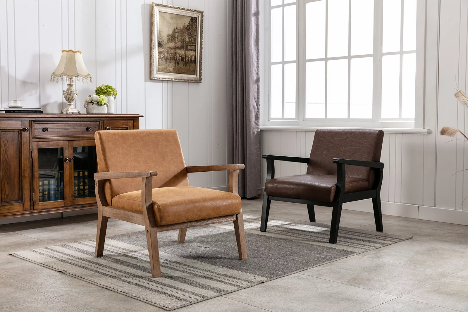 Guyou Wooden Accent Chair, Modern Faux Leather Upholstered Reading Armchair for Living Room Bedroom Study, Tan