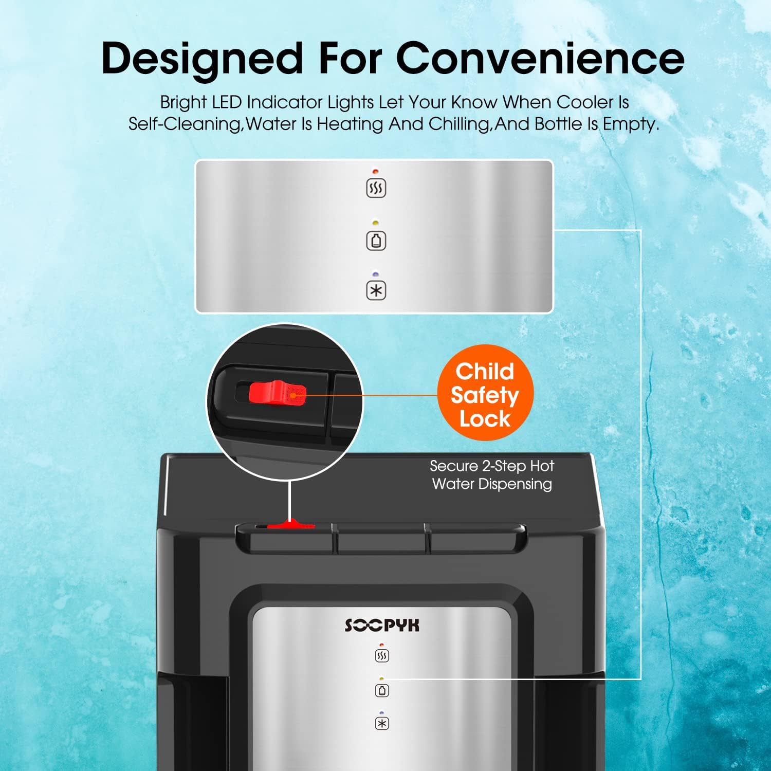 Stainless Steel UV Self-Cleaning Water Dispenser Cooler Bottom Load 5 Gallon with 3 Temperatures Child Safety Lock